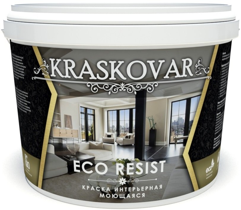 Краска интерьерная,влагостойкая,моющаяся Kraskovar Eco Resist, белая 2л